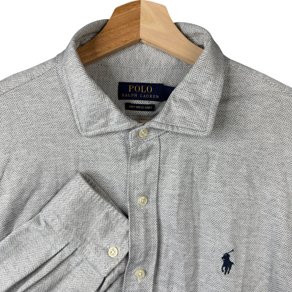 Polo Ralph Lauren Knit Dress Shirt XL Gray‎ Herringbone Cotton Button Up Logo